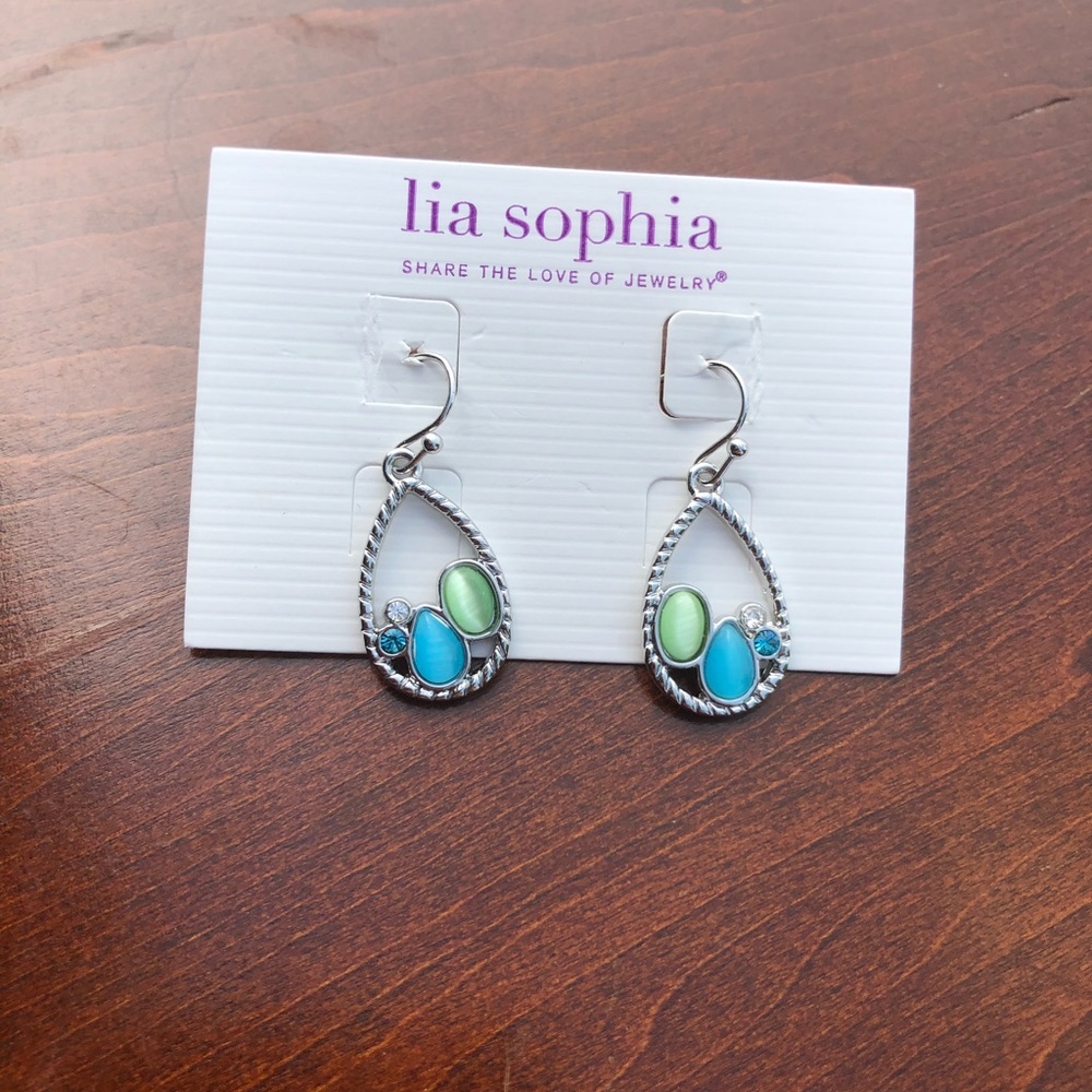 Lia Sophia silver earrings with blue & green gems